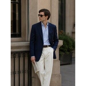 Mens Wool Blazer Navy Minimalist Classic Tailored Jacket L Old Money Quiet